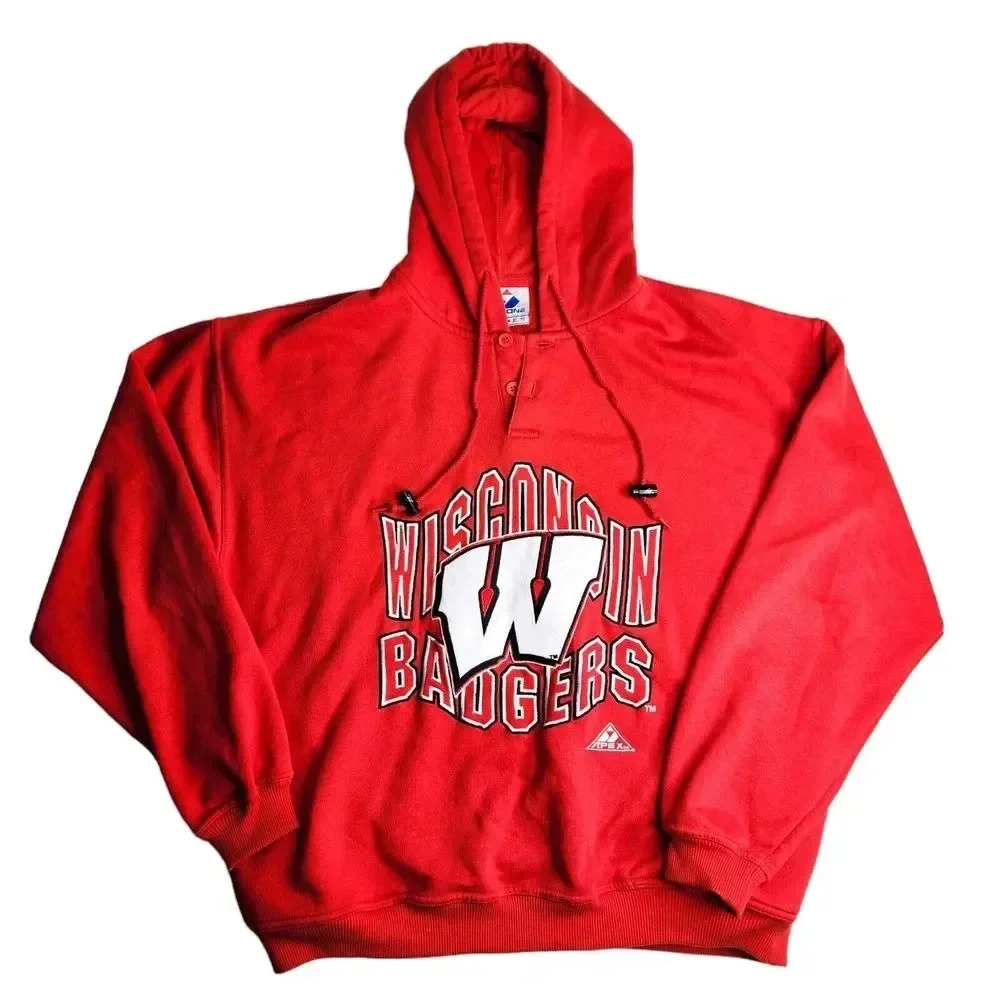 90s Apex One‎ Wisconsin Badgers Hoodie Sweatshirt Embroidered Red Button Size XL